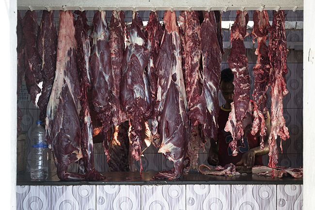 A butcher boning meat at the Gidir Magala meat market in Harar, Ethiopia.
This is where Abbas goes every morning to buy fresh meat for the hyenas.